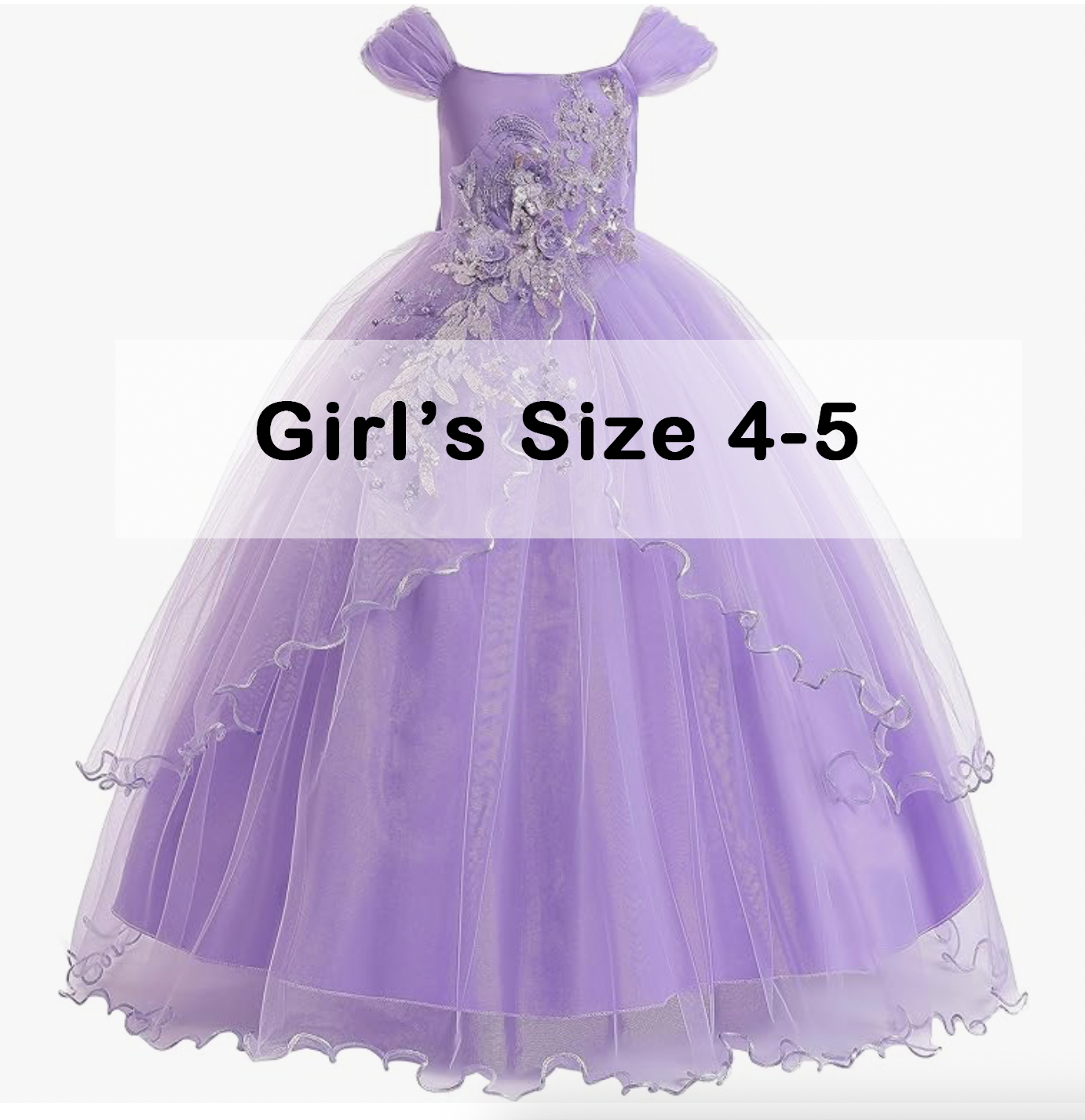 Purple off-shoulder ball gown with floral embroidery for girls size 4-5.