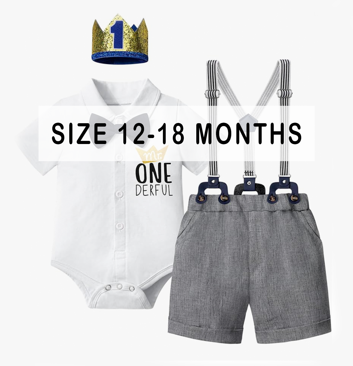 Boys size 12-18 months birthday outfit with white onesie, gray suspender shorts, and gold crown.
