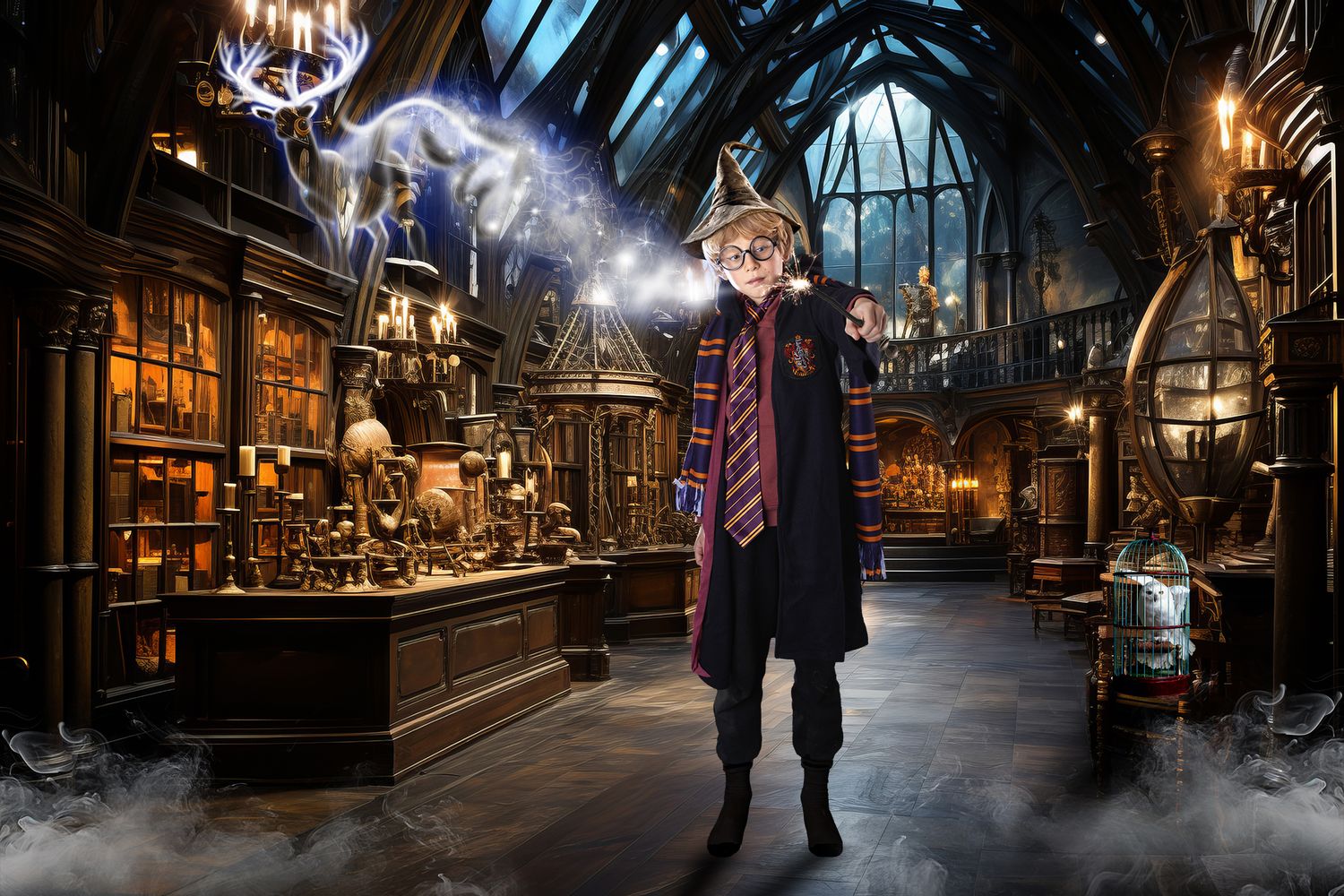 Young boy in wizard costume casting spells in a magical antique shop filled with mystical artifacts.