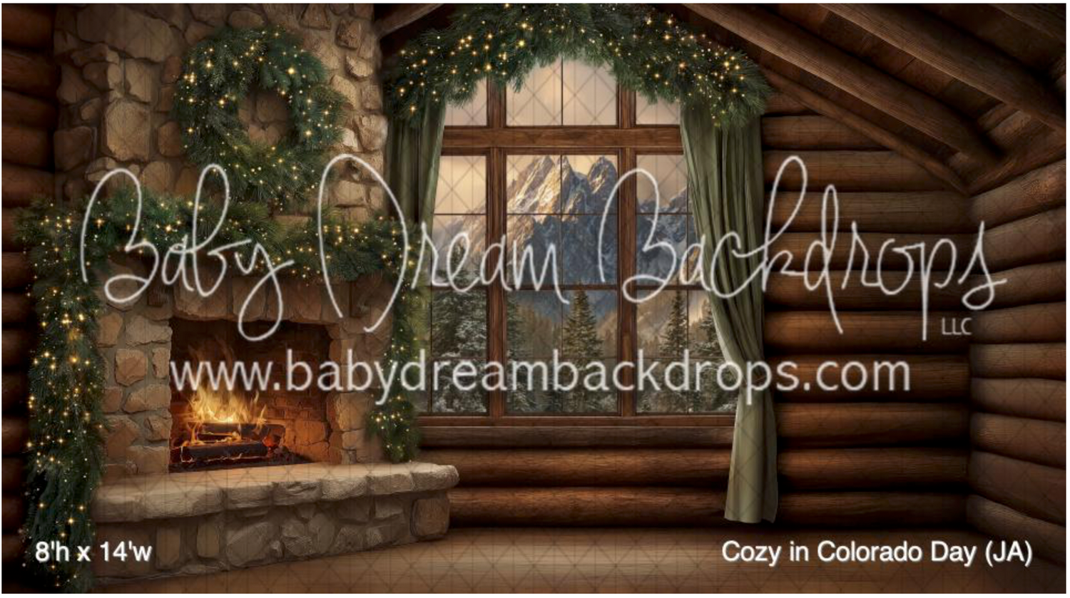 Cozy in Colorado Day photography backdrop with log cabin interior, stone fireplace, and garland-framed window view.