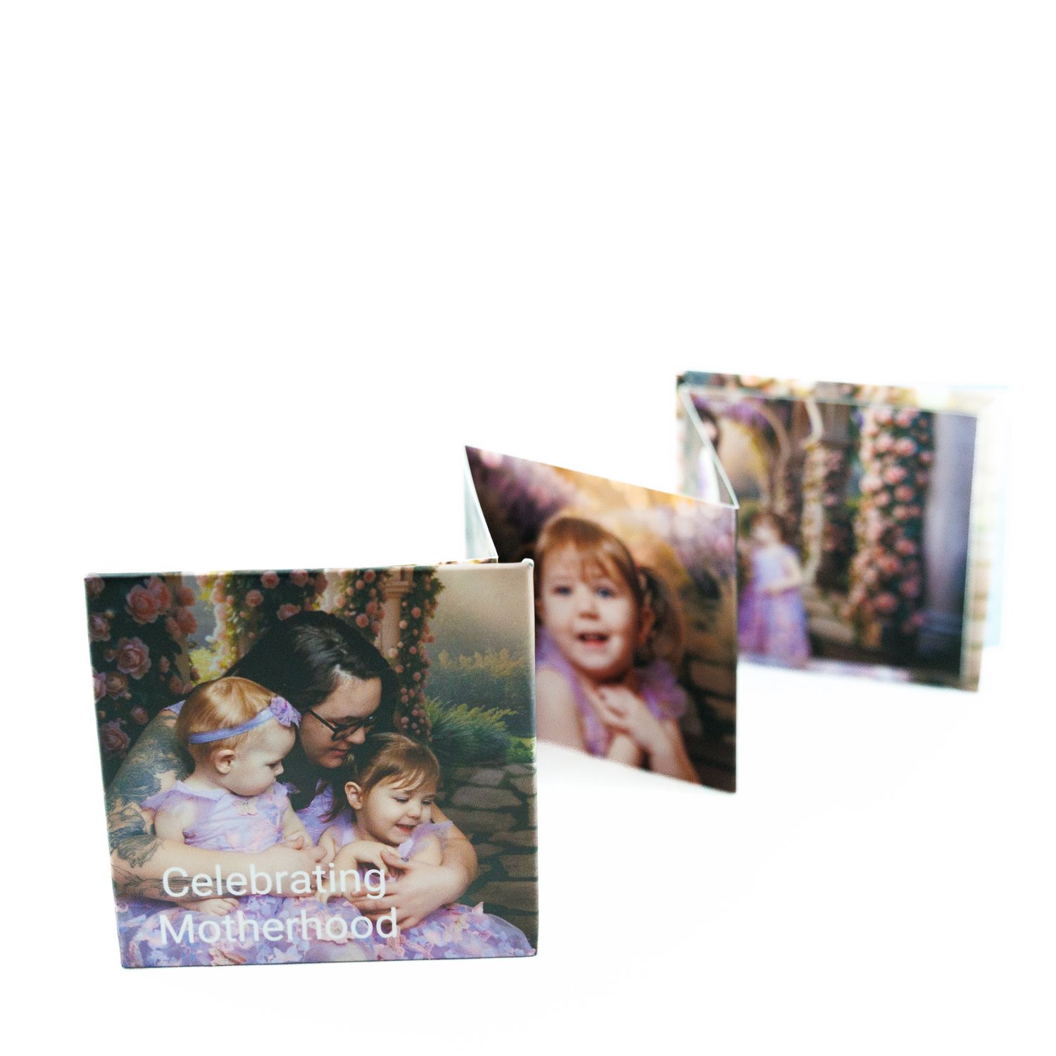 Tri-fold mini photo book celebrating motherhood with family portraits on each folded panel.