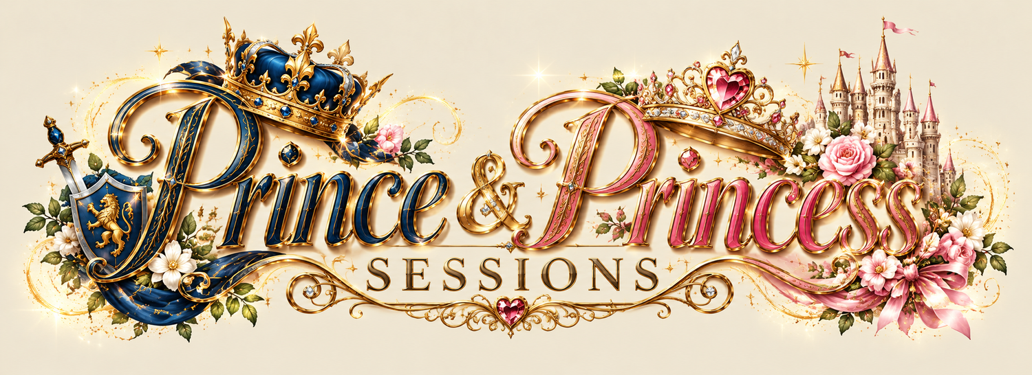 Elegant Prince and Princess Sessions logo with royal crown, floral decorations, and a fairy-tale castle in gold and blue tones.