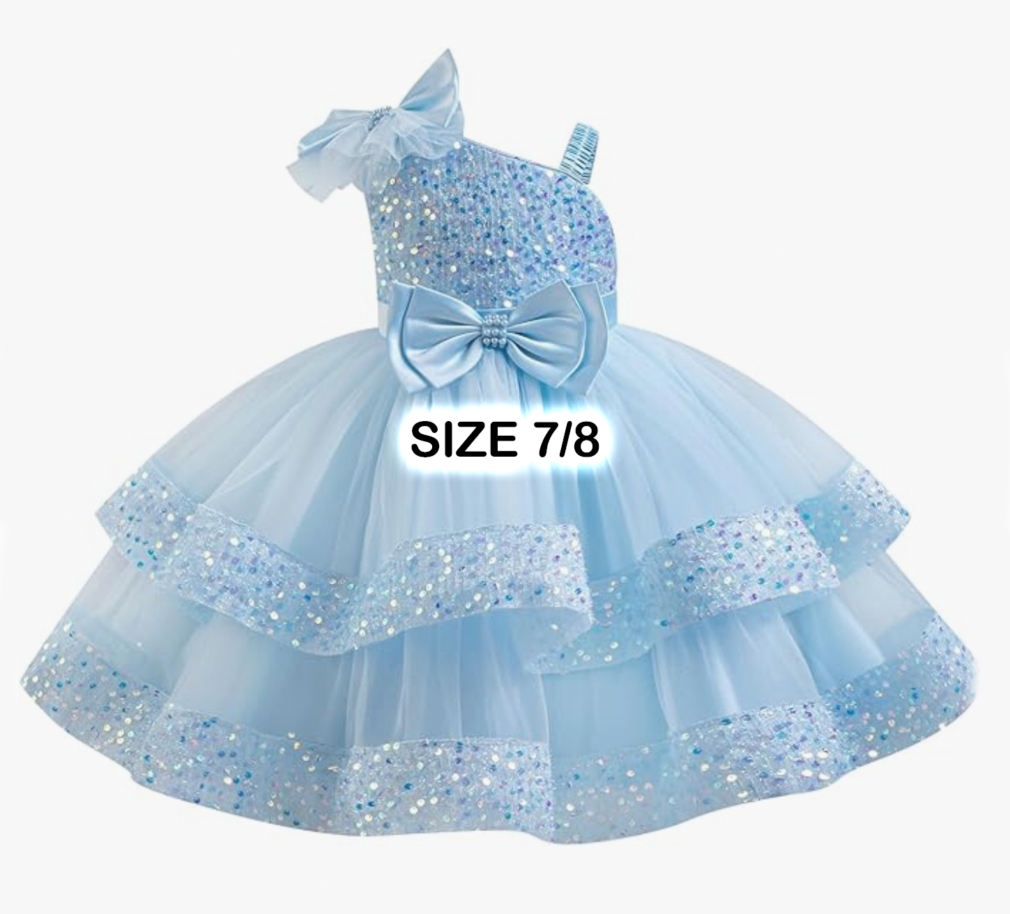 Light blue sequined tiered tulle flower girl dress with bow, size 7/8, perfect for parties and special occasions.