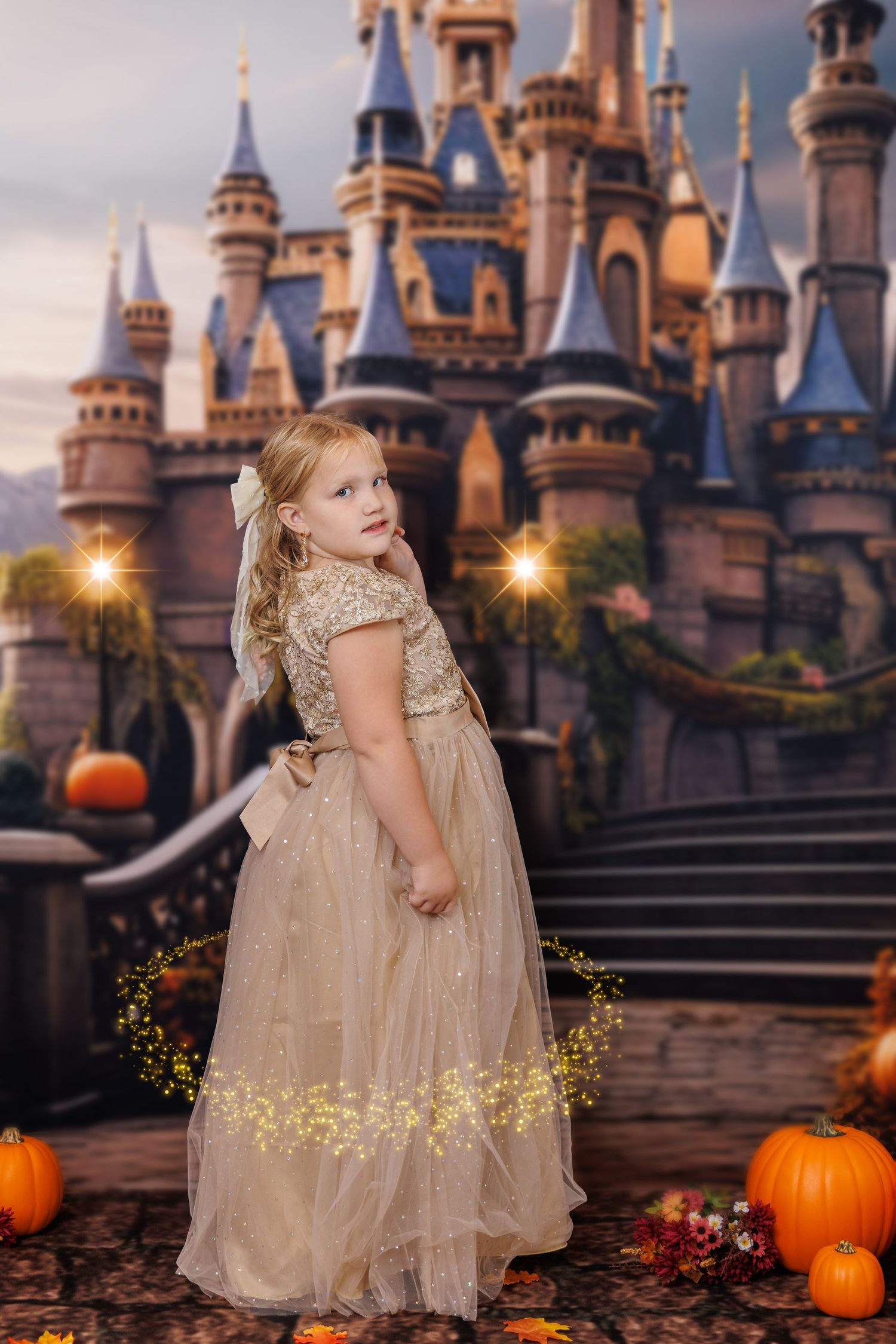 Young girl in gold gown poses before a fairy tale castle with pumpkins and magical lights in an enchanting fall setting.