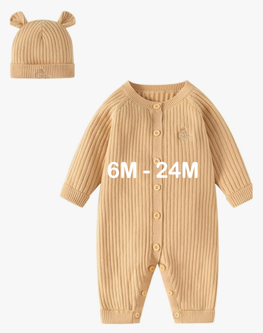 Beige ribbed knit baby romper with matching bear ear hat, available in sizes 6M to 24M.