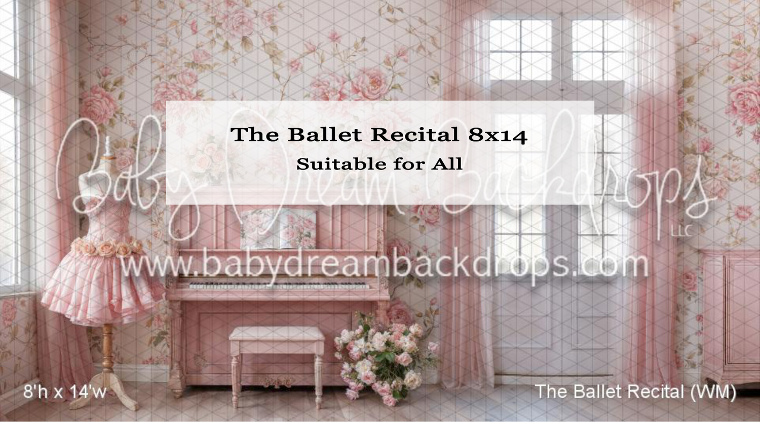 Pink ballet recital photography backdrop featuring floral wallpaper, piano, tutu dress, and white door, 8x14ft.