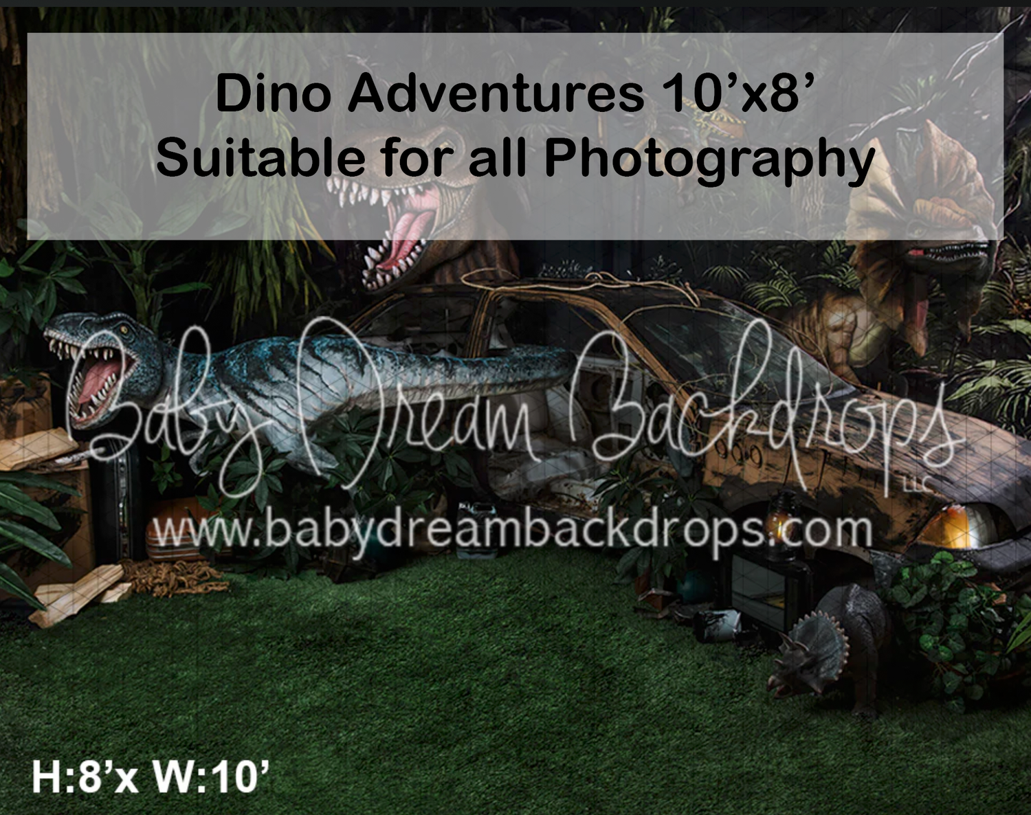 Dino Adventures 10x8 photography backdrop featuring realistic dinosaurs on green grass by Baby Dream Backdrops.