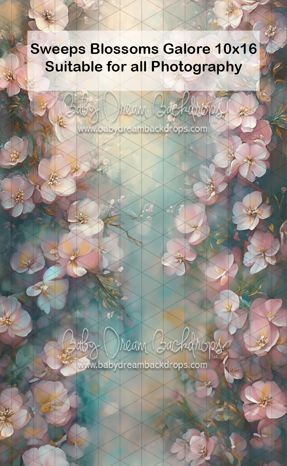 Sweeps Blossoms Galore 10x16 photography backdrop featuring soft pink flowers on a muted teal background.
