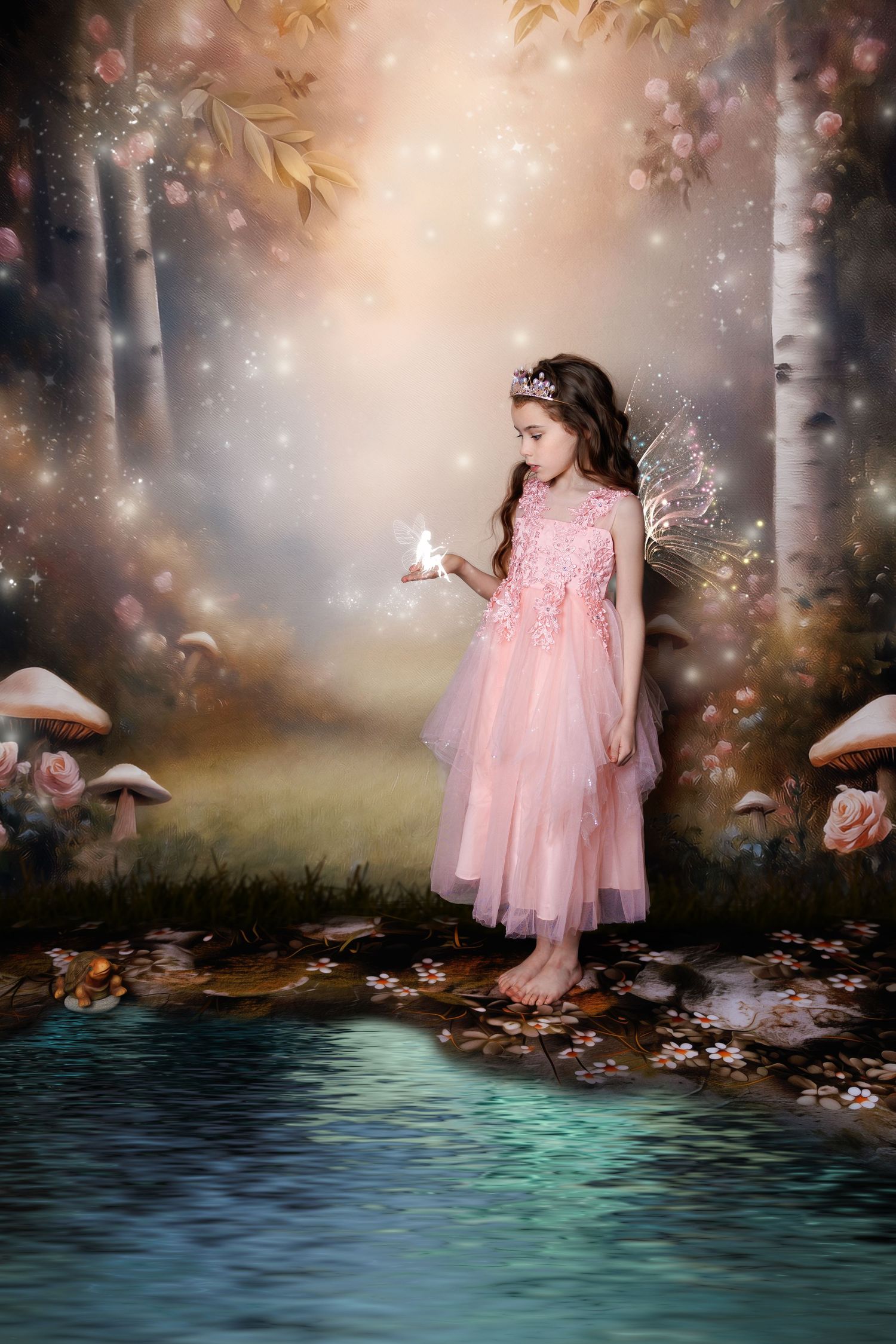 A young fairy in a pink dress stands by a pond holding a glowing light in an enchanted forest.
