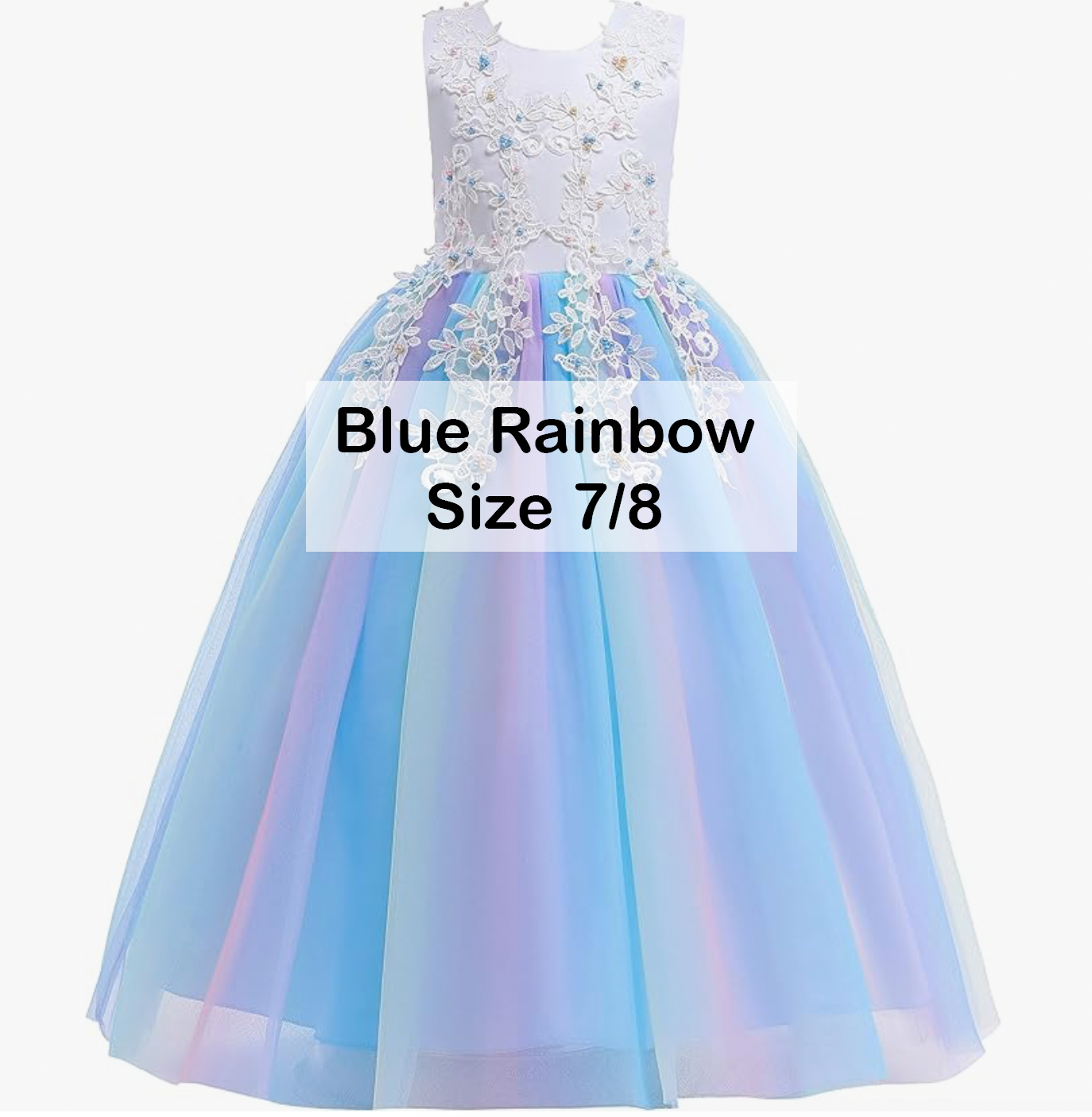 Blue rainbow ombre girls pageant dress size 7/8 with white floral lace bodice and crystal embellishments.