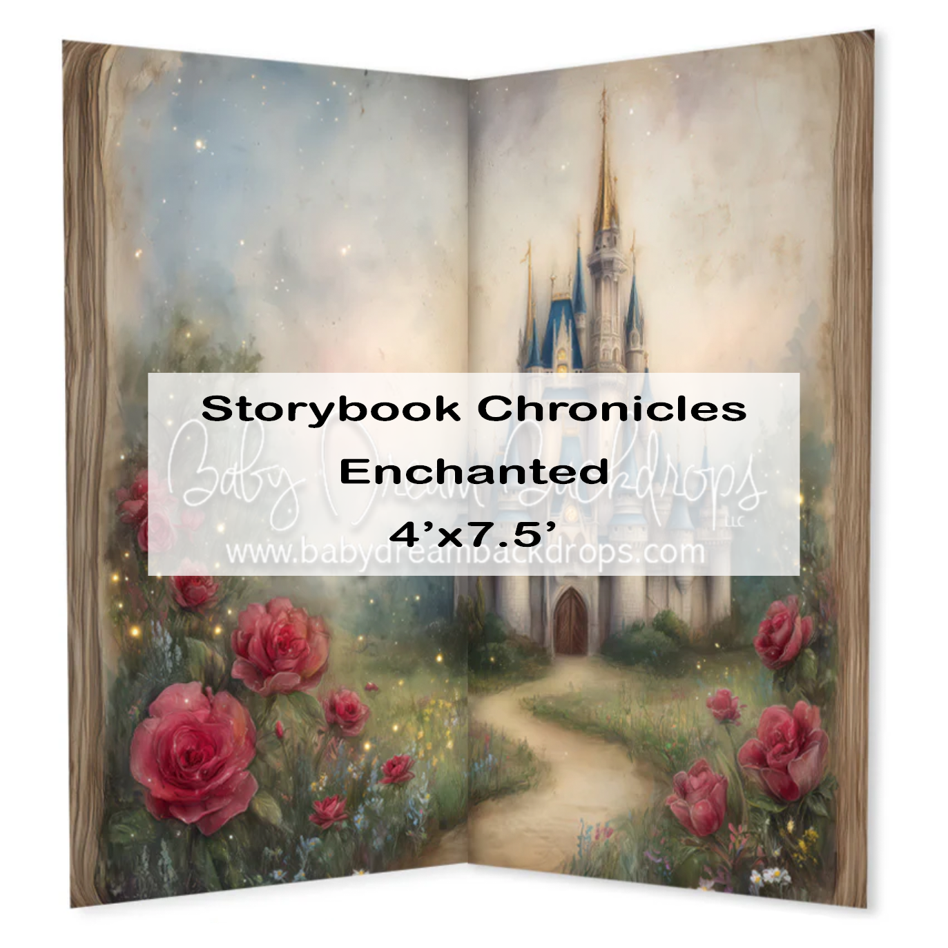 Enchanted storybook open book backdrop with fairy tale castle, roses, and garden path, 4x7.5 ft.