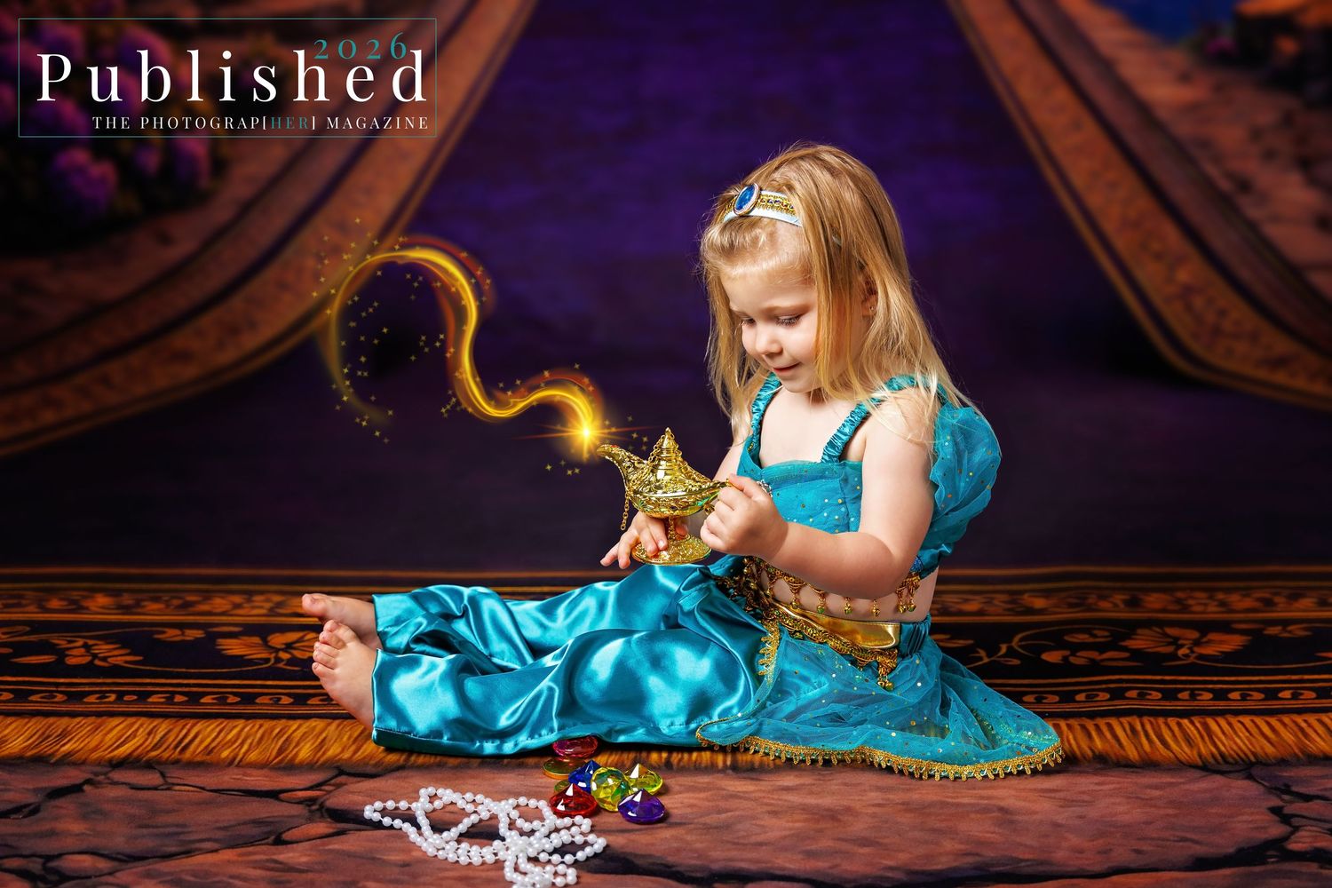 Young girl in teal Jasmine costume holds magic lamp with golden genie smoke effect on colorful carpet.