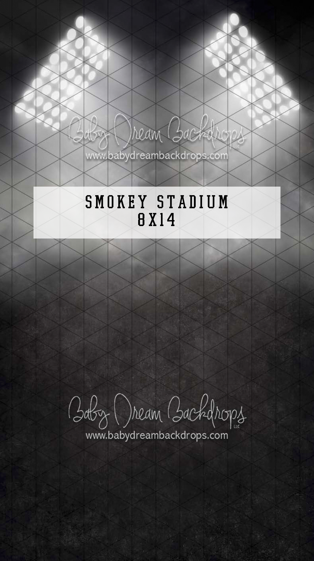 Dark smoky stadium photography backdrop with bright overhead lights and geometric triangle pattern, 8x14 size by Baby Dream Backdrops.