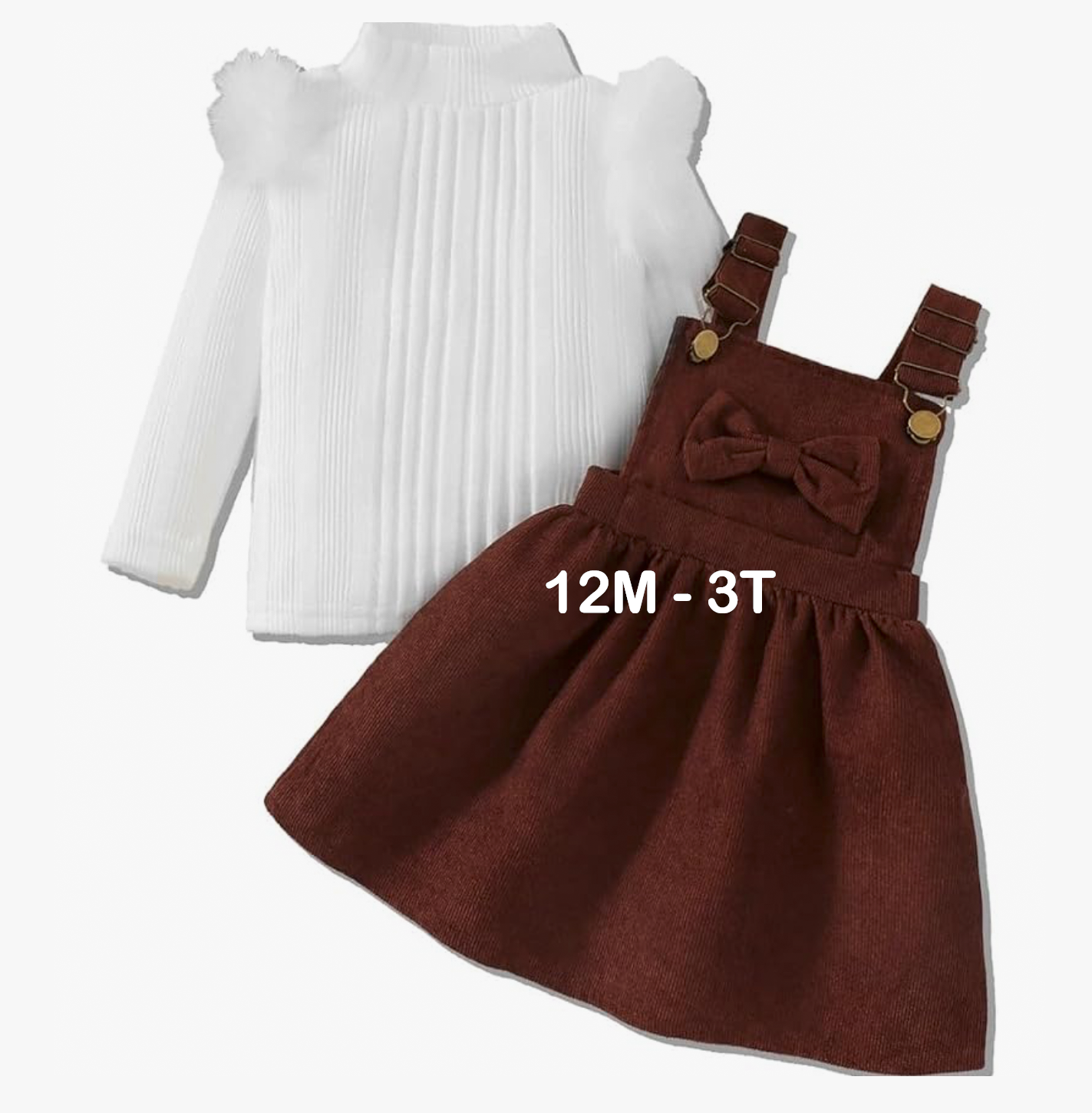 Girls 2-piece outfit set with white pleated ruffle top and brown corduroy suspender skirt with bow, sizes 12M-3T.