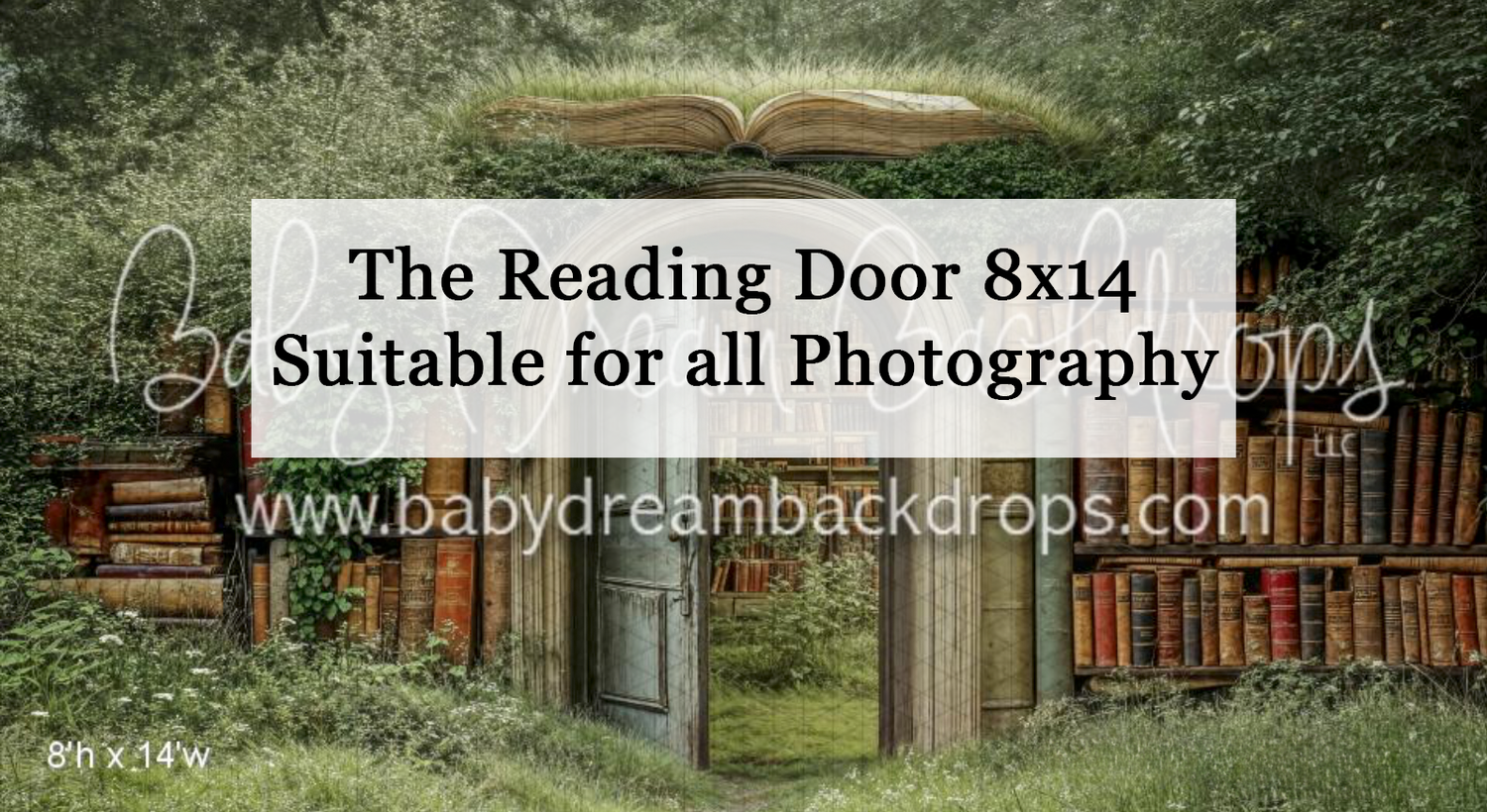 Fantasy reading door photography backdrop with open book doorway and woodland bookshelves, 8x14 size suitable for all photography.