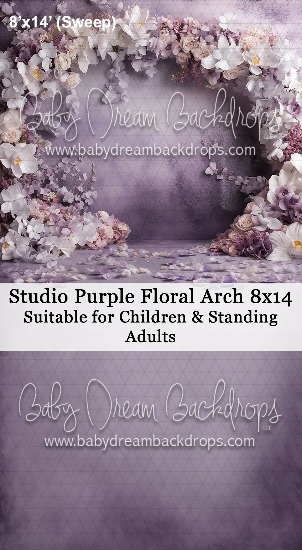 Purple floral arch photography backdrop 8x14 sweep, suitable for children and standing adults, by Baby Dream Backdrops.