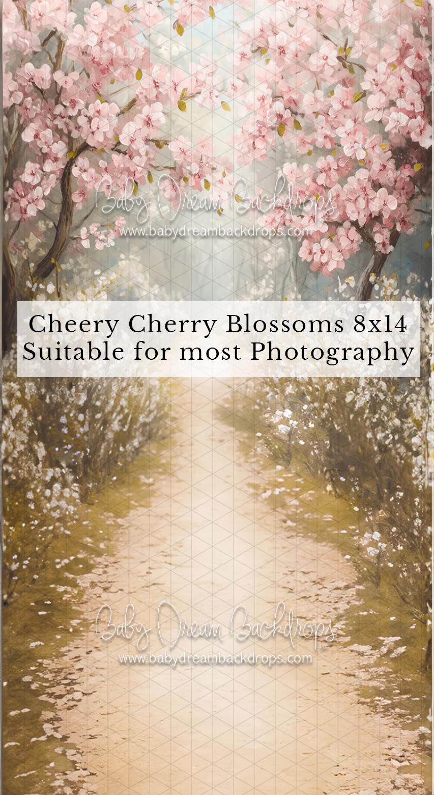 Cheery Cherry Blossoms 8x14 photography backdrop with pink blooms and a soft golden pathway.