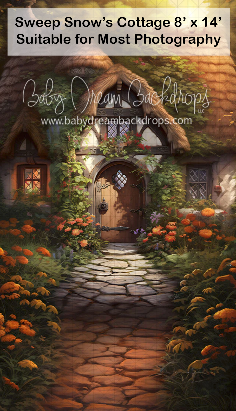 Enchanting fairy tale cottage backdrop with stone path, orange flowers, and arched wooden door for photography sessions.
