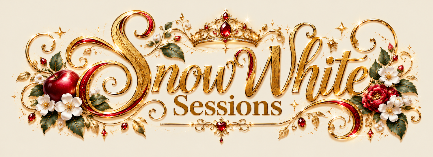 Elegant Snow White Sessions logo with gold typography, red apples, and white floral decorations on a cream background.
