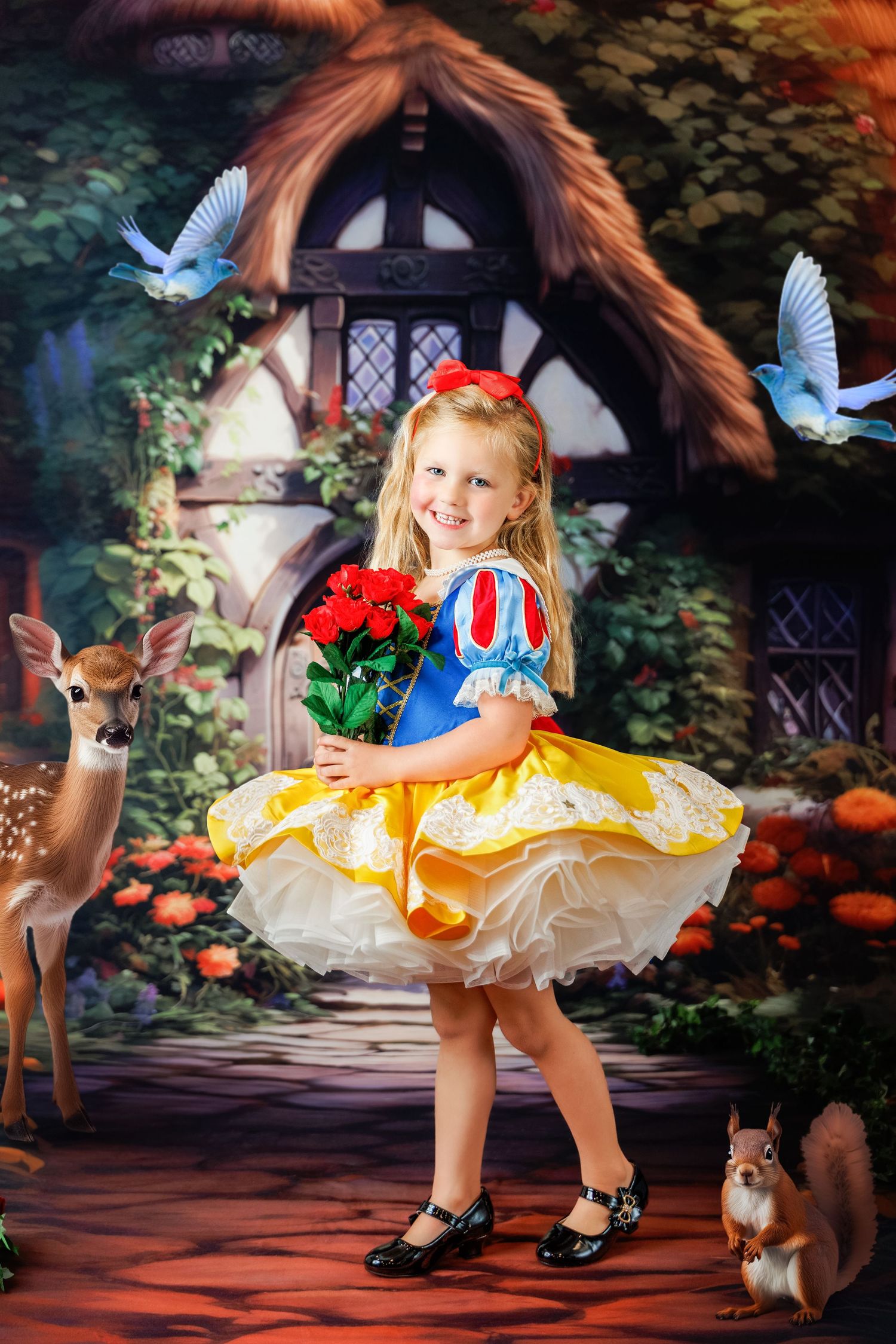 Young girl in Snow White costume holds red roses in a fairy tale forest backdrop with deer and bluebirds.
