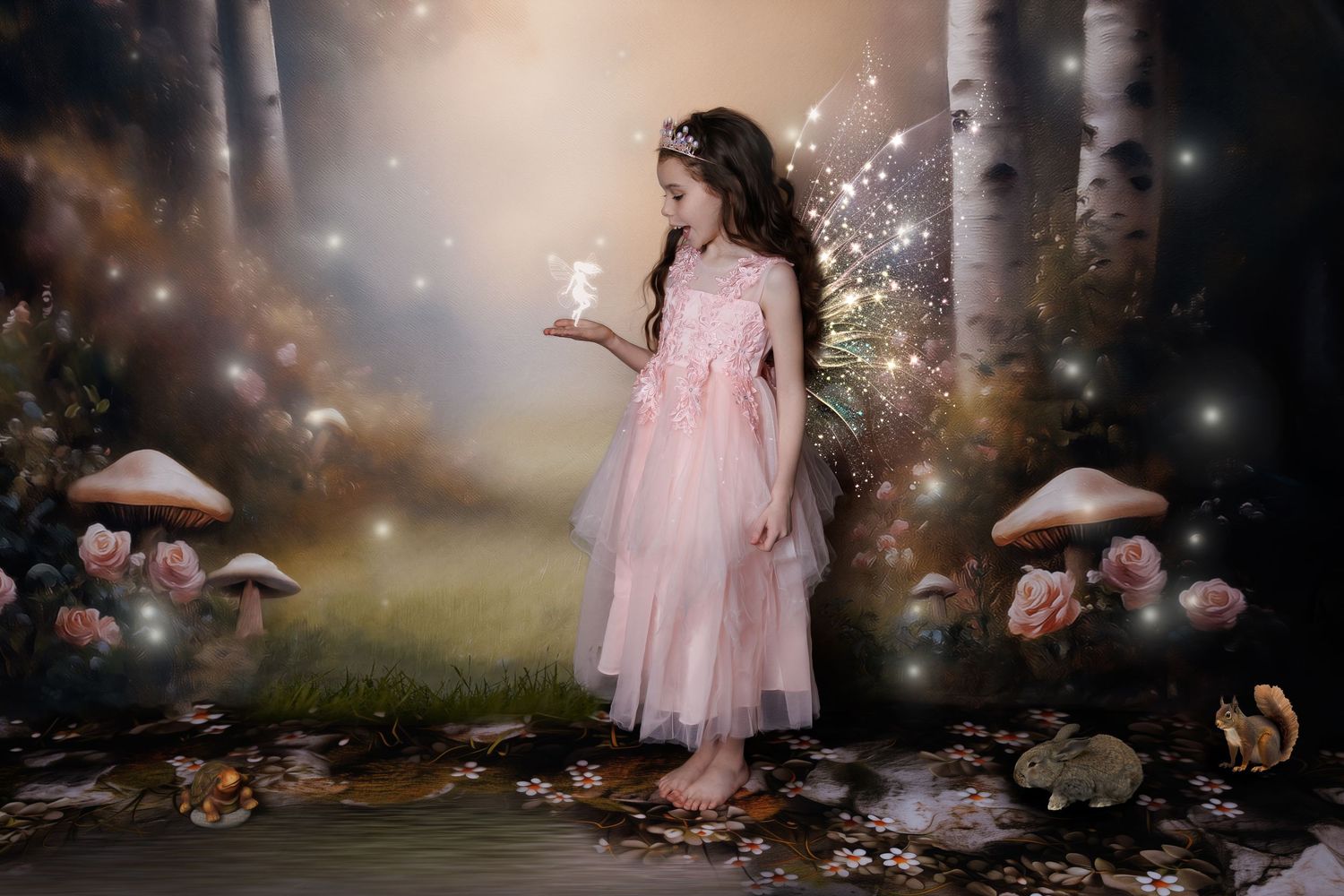 A fairy girl in a pink dress holds a glowing light in a magical forest with mushrooms and roses.