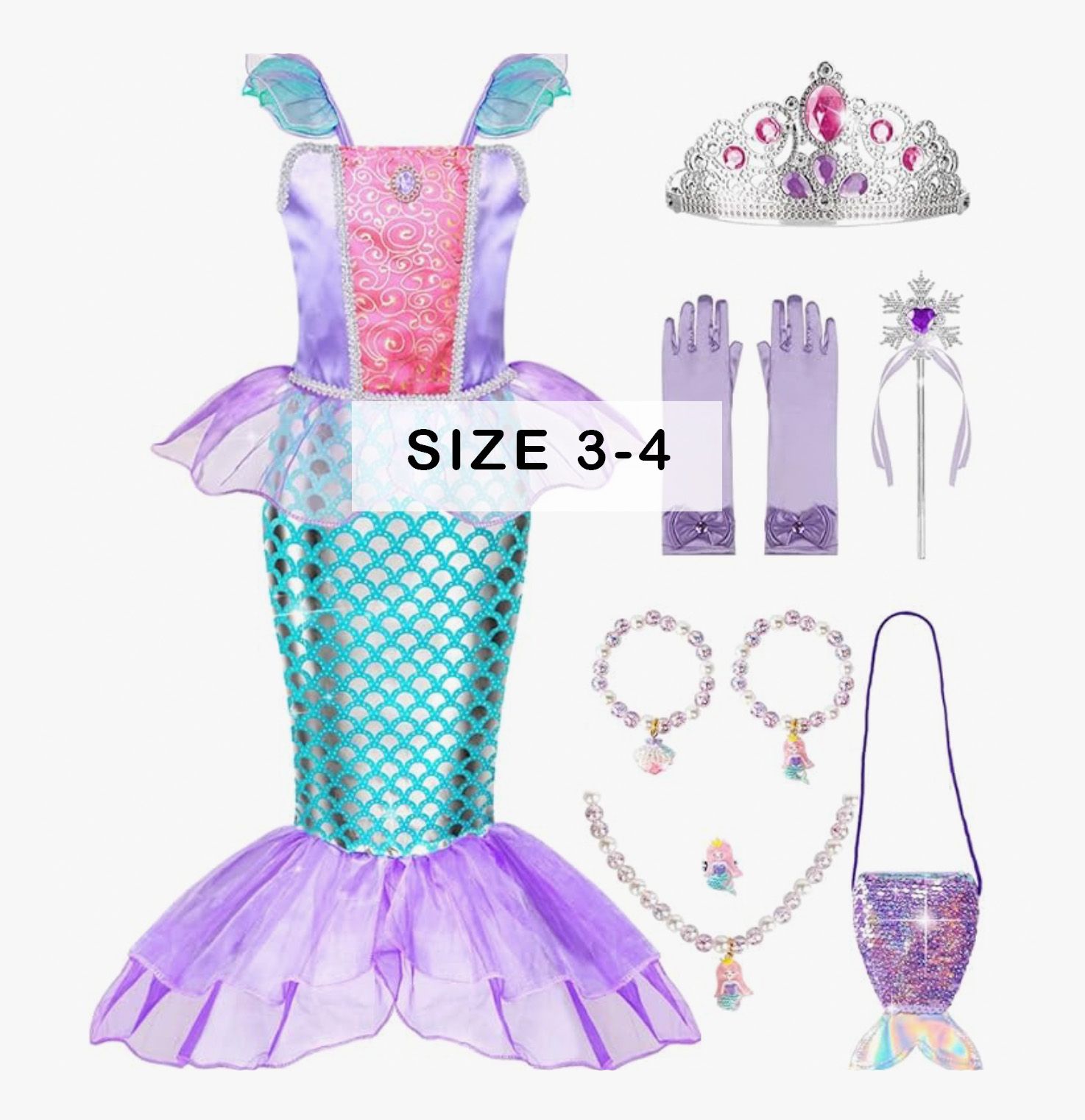 Girls mermaid costume set size 3-4 with crown, gloves, and accessories.