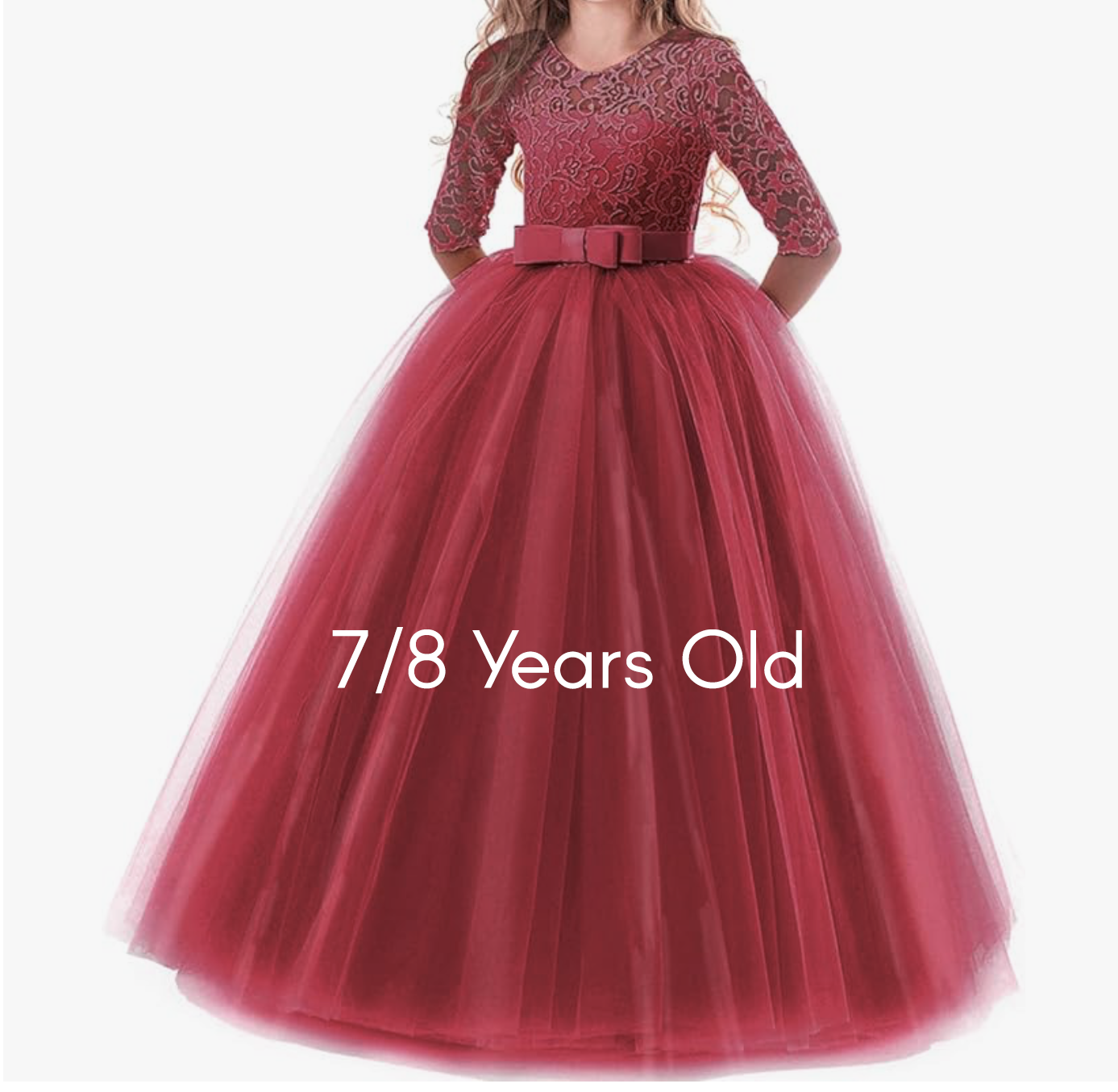 Dark red girls lace tulle princess dress for ages 7/8 with 3/4 sleeves and bow belt.