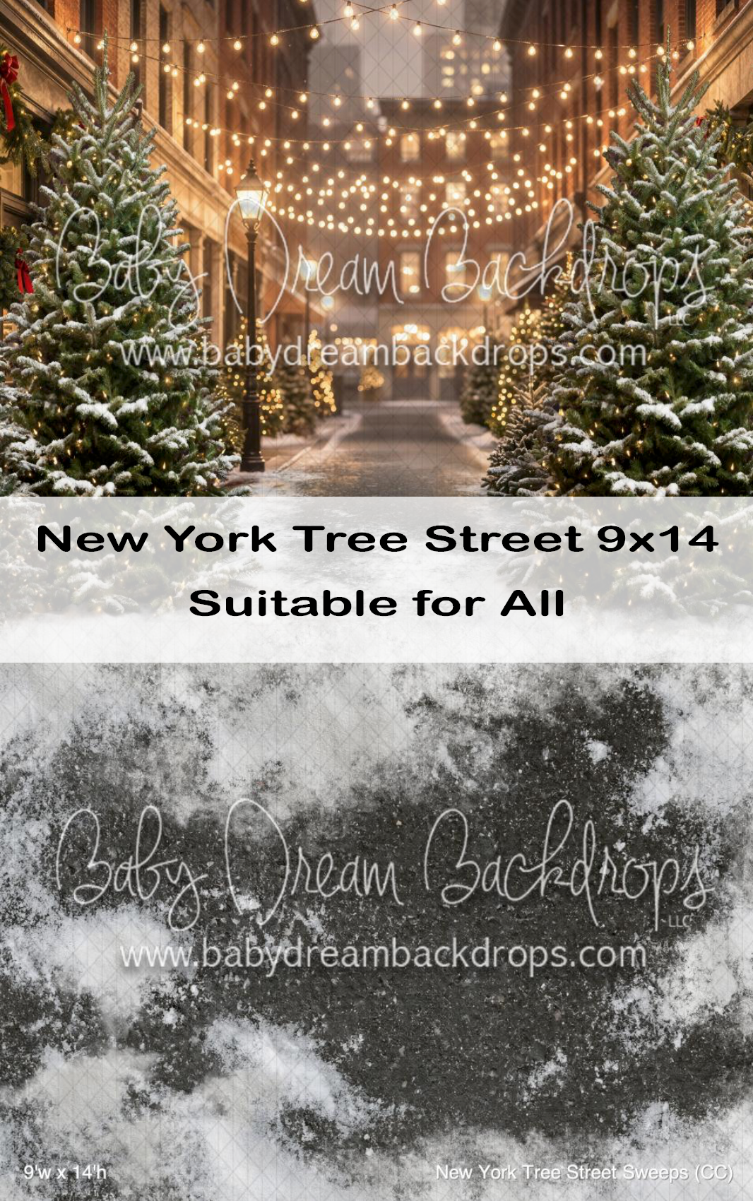 New York Tree Street 9x14 Christmas photography backdrop with snow-covered trees, string lights, and urban winter scene.