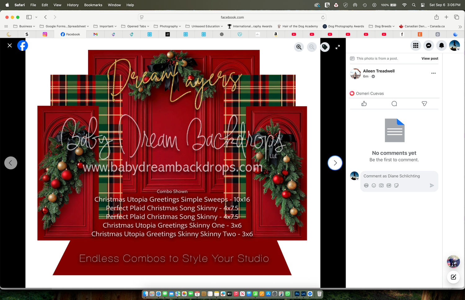 Red plaid Christmas backdrop with festive garlands and gold text advertising Baby Dream Backdrops holiday photography collection.