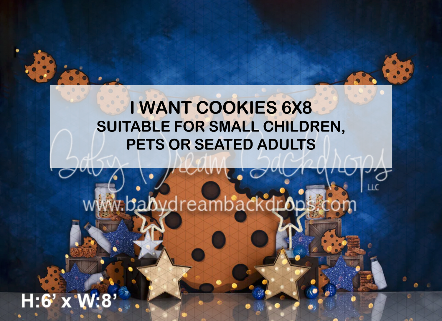 Blue cookie-themed photography backdrop 6x8ft with chocolate chip cookies, stars, and gifts, suitable for children, pets, or seated adults.