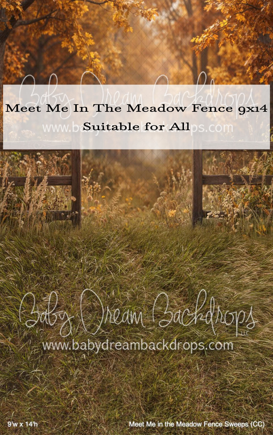 Autumn meadow photography backdrop with wooden fence, golden trees, and lush green grass by Baby Dream Backdrops, 9x14ft.
