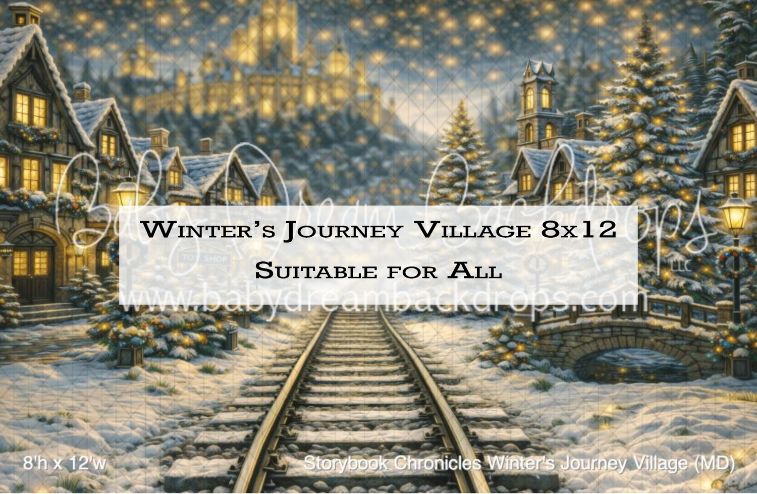 Winter's Journey Village 8x12 cross stitch pattern featuring snowy cottages, railway tracks, and pine trees at dusk.