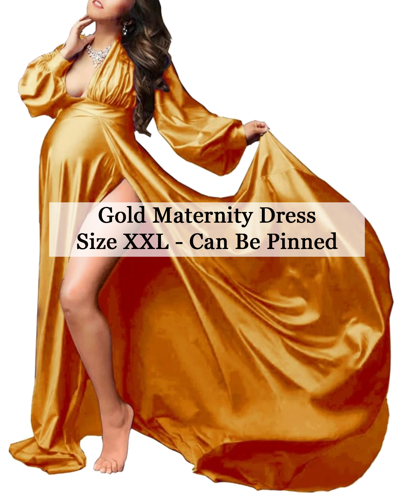 Gold satin long-sleeve maternity dress size XXL, can be pinned.