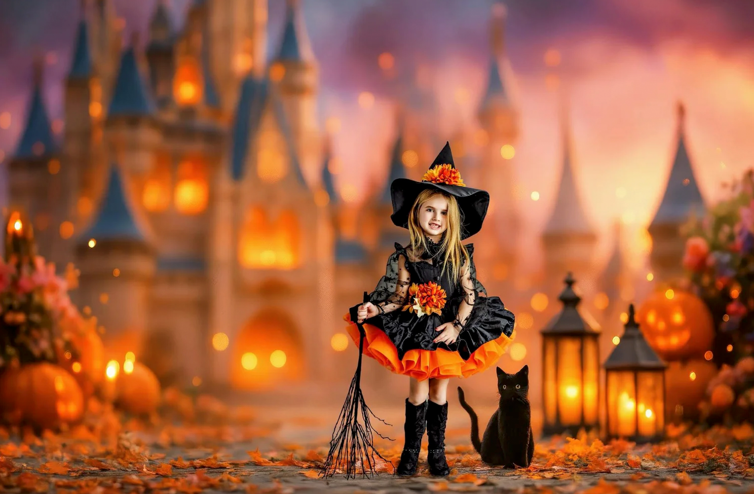 A young girl in a witch costume with black cat and jack-o-lanterns before a glowing Halloween castle.