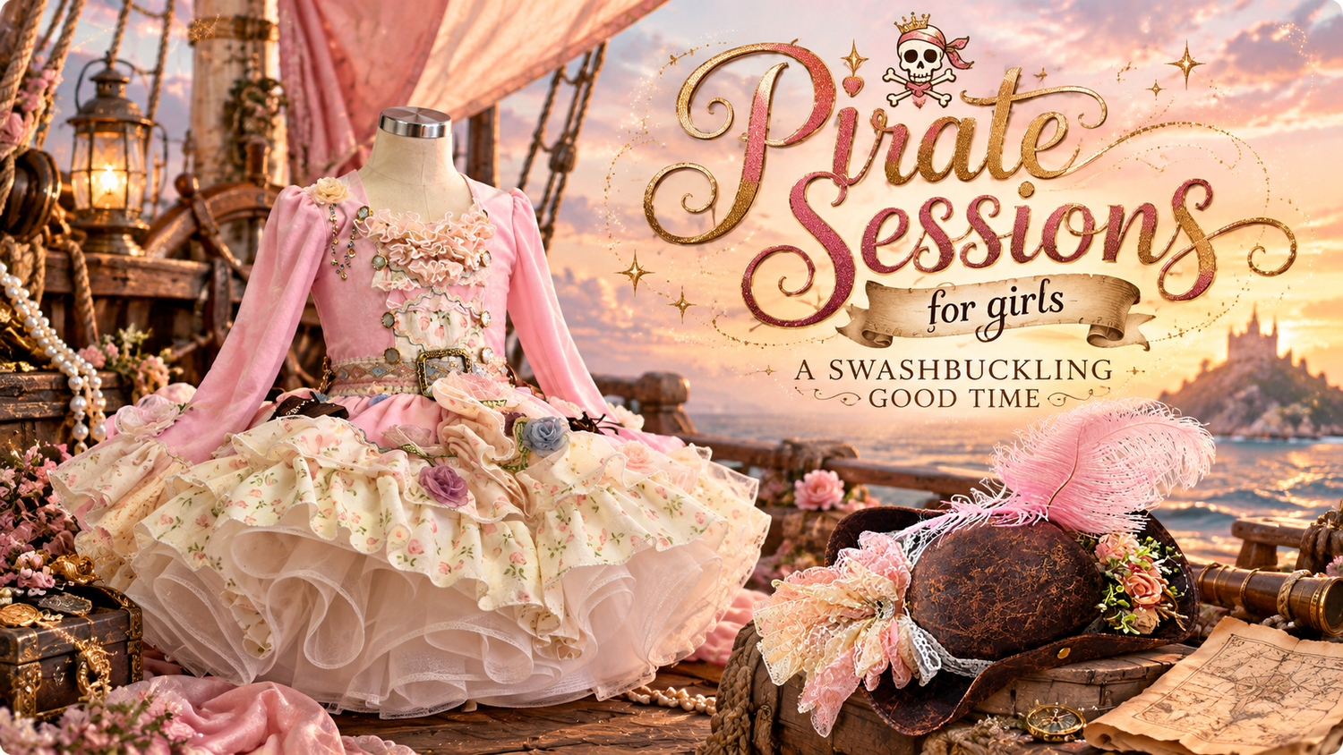 Pirate Sessions for girls swashbuckling photo shoot with elegant pink ruffled dress on mannequin aboard a fantasy ship.