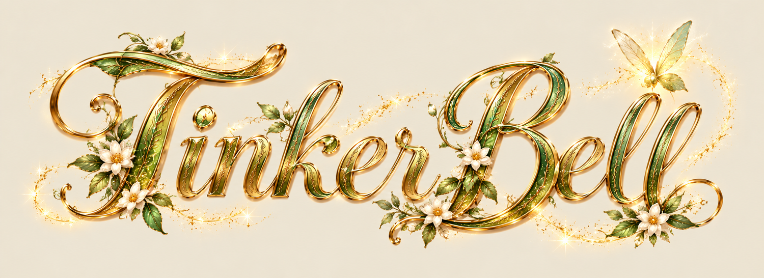 Decorative Tinker Bell logo with gold and green floral lettering, fairy, and sparkles on a beige background.