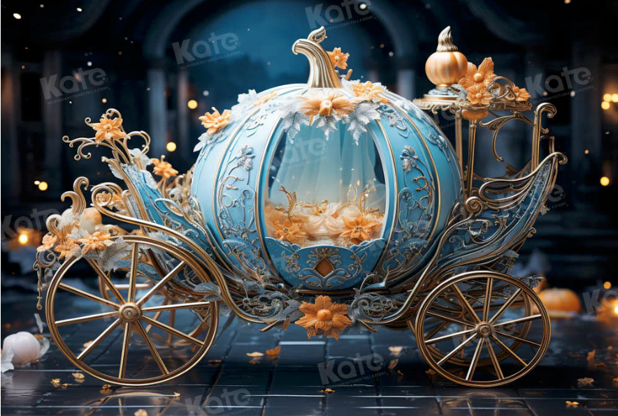 Elegant blue and gold Cinderella pumpkin carriage backdrop with floral details for fantasy photo sessions.