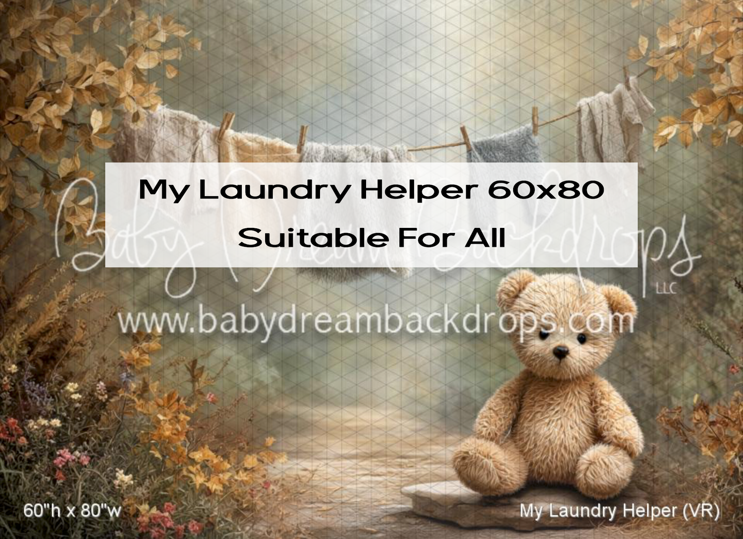 A teddy bear sits on a path before a clothesline backdrop, text reads My Laundry Helper 60x80 Suitable For All.