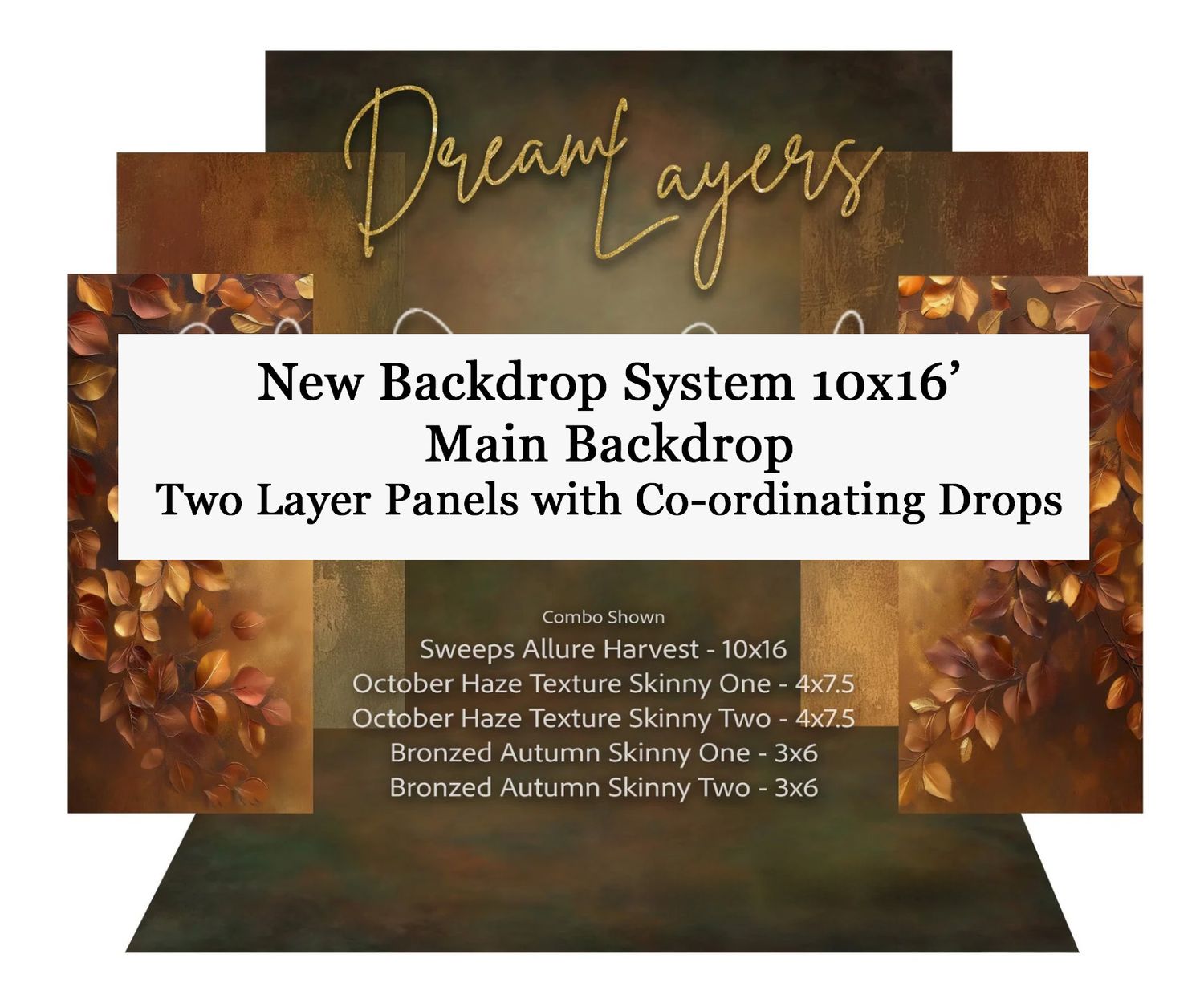Dream Layers 10x16 backdrop system with autumn harvest panels and coordinating texture drops in warm orange and green tones.