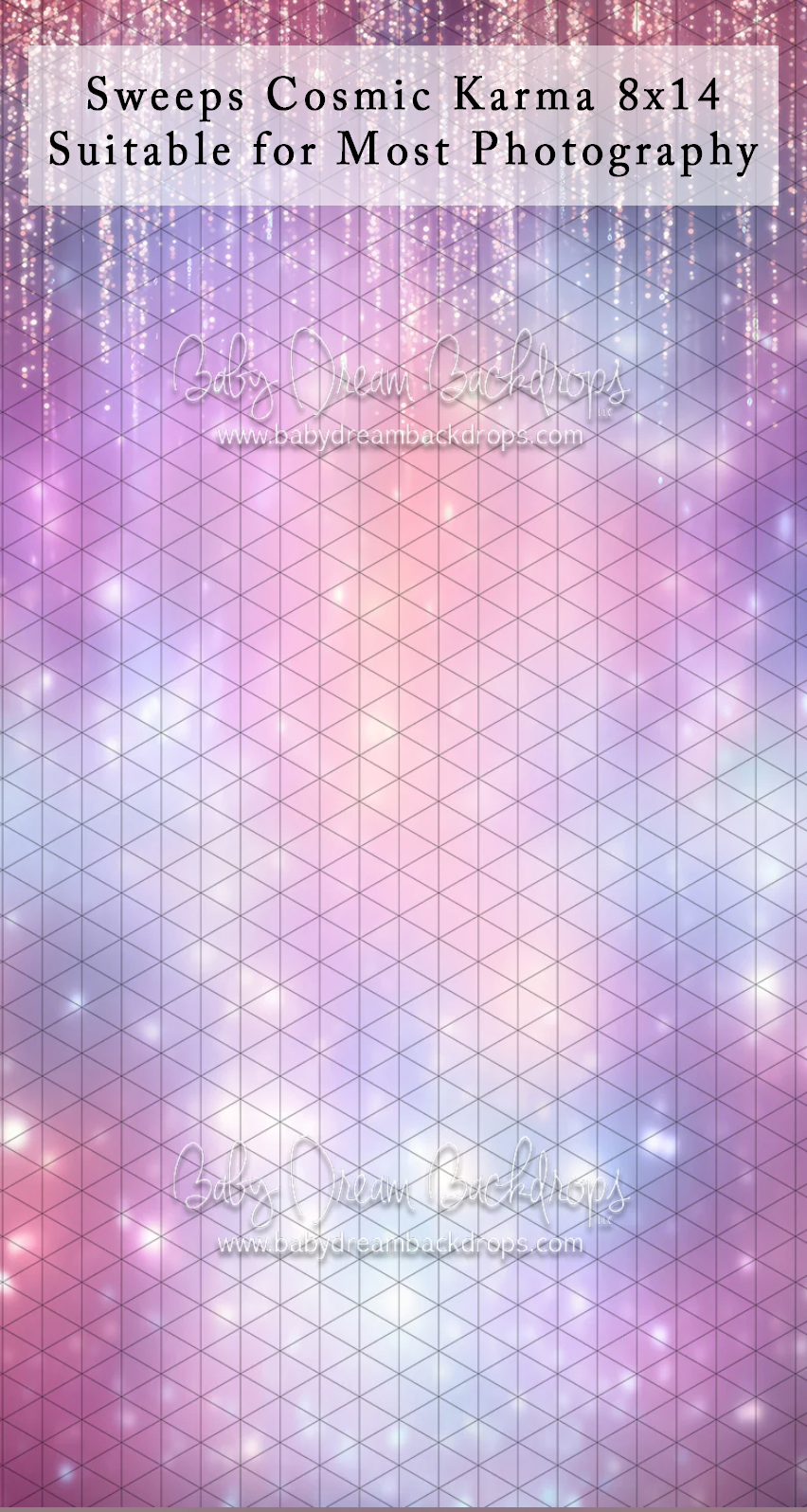 Purple and pink geometric triangle pattern photography backdrop with sparkling bokeh lights and glitter curtain effect.