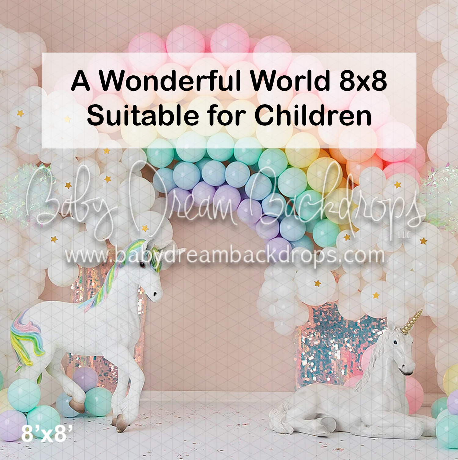 A wonderful world 8x8 children's photography backdrop featuring unicorns, pastel balloons, and a rainbow arch.