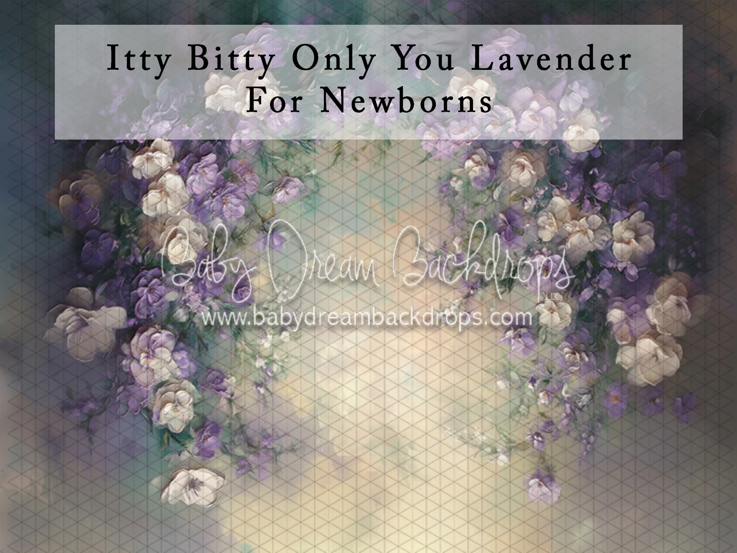 Lavender floral newborn photography backdrop with purple and white flowers arranged in an arch on a soft pastel background.