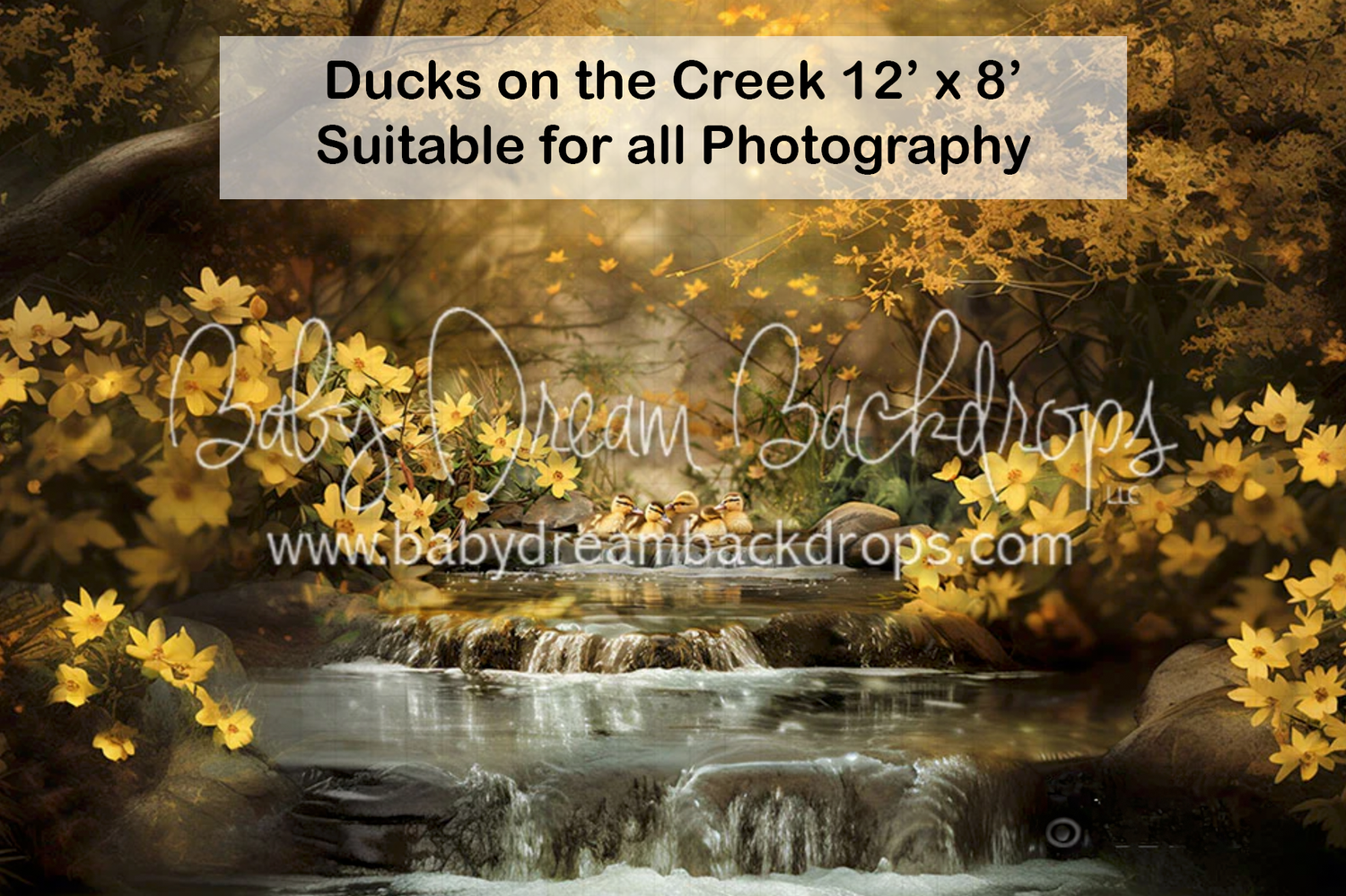 Autumn creek waterfall photography backdrop with yellow flowers, 12x8ft, by Baby Dream Backdrops.