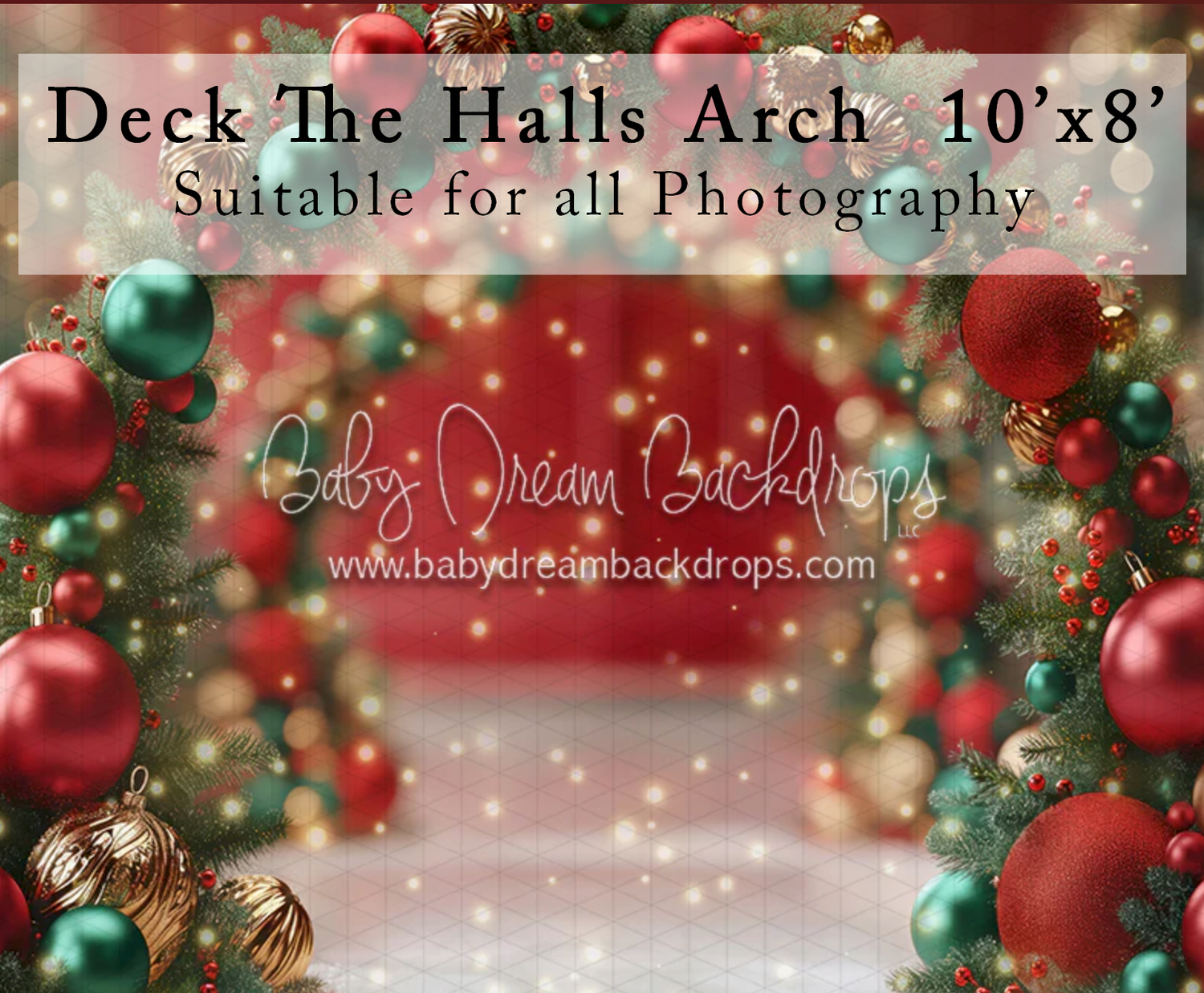 Deck The Halls Arch photography backdrop with red and green ornament arch and bokeh lights, 10x8ft.
