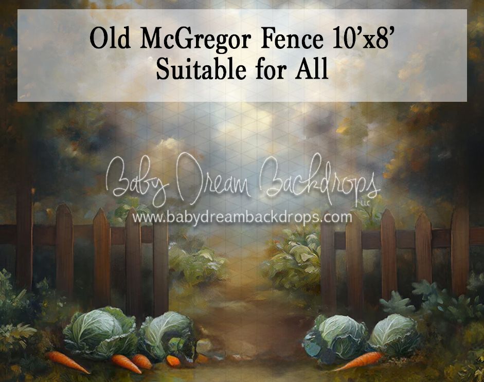 Old McGregor Fence photography backdrop featuring garden gate, vegetables, and dramatic sky, 10x8.