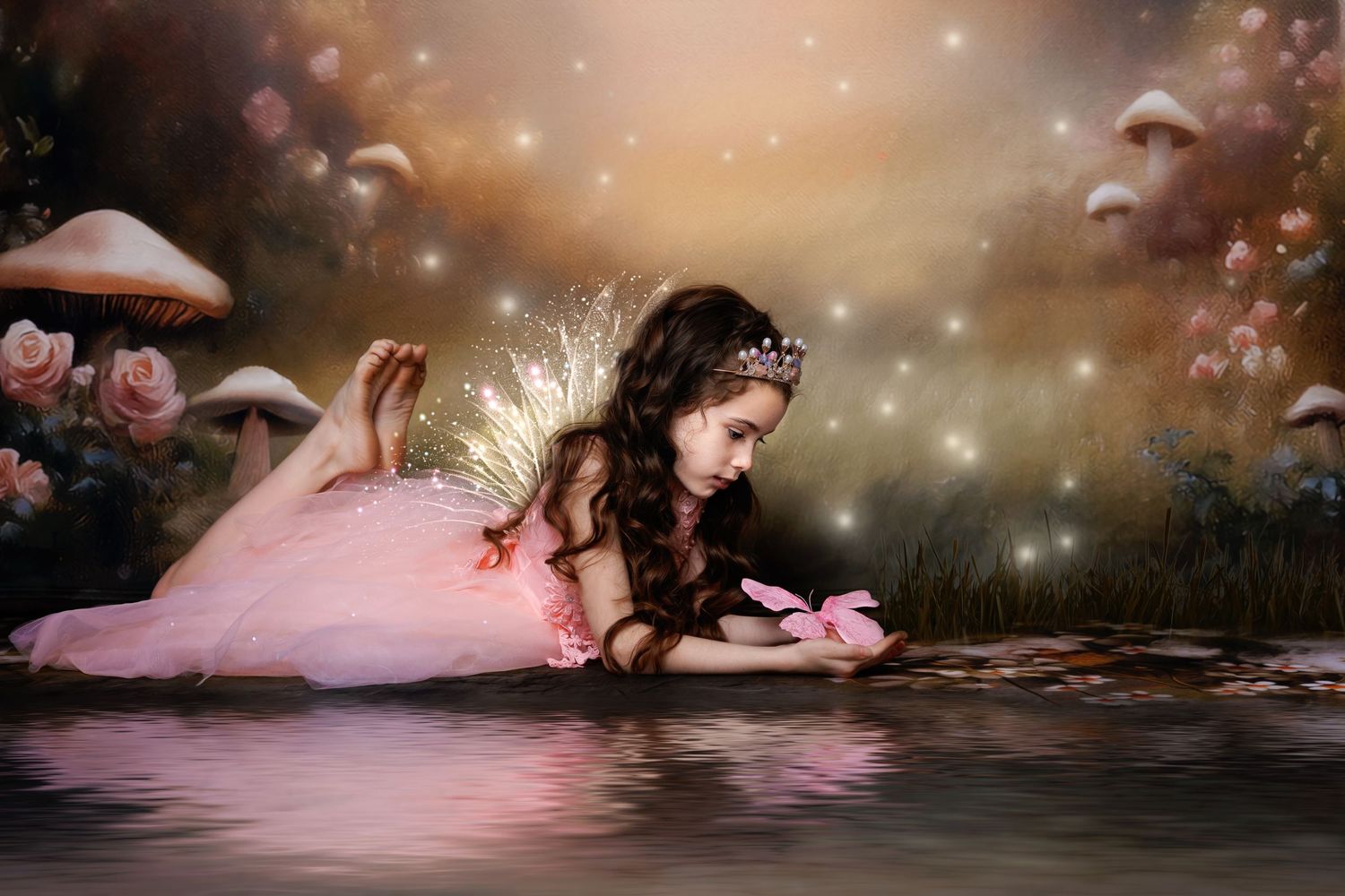 Young girl in pink fairy costume lying by water in enchanted mushroom garden fantasy photo.