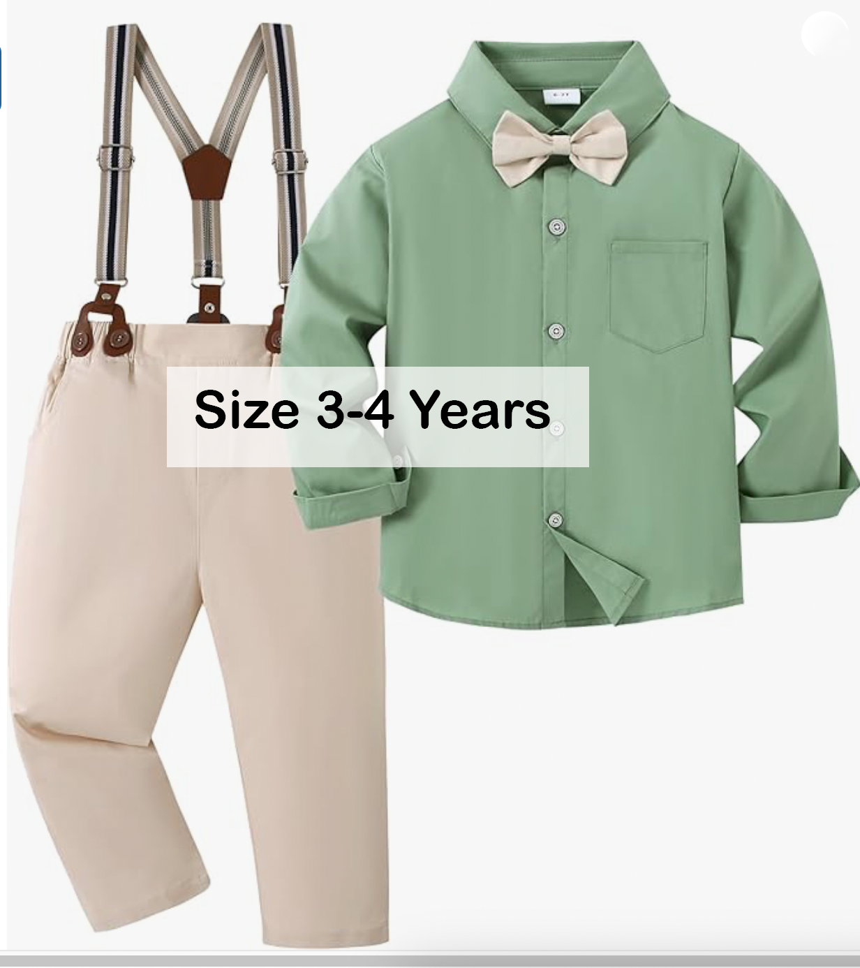 Green long sleeve shirt with bow tie and beige suspender pants set for boys, size 3-4 years.
