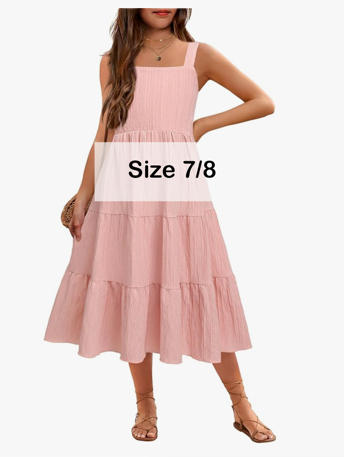 Pink sleeveless tiered midi dress with square neckline, size 7/8.