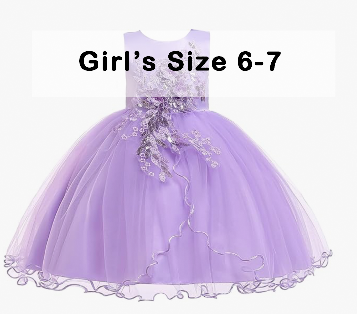 Girls size 6-7 lavender purple sleeveless party dress with floral embroidery and tulle skirt.