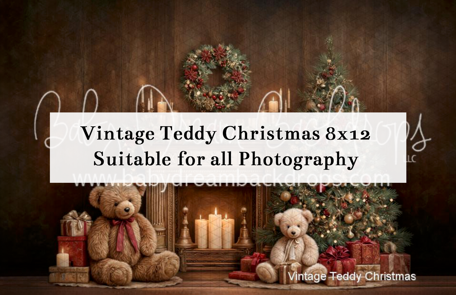 Vintage teddy bear Christmas photography backdrop with candles, wreath, and holiday decor, 8x12 inches.